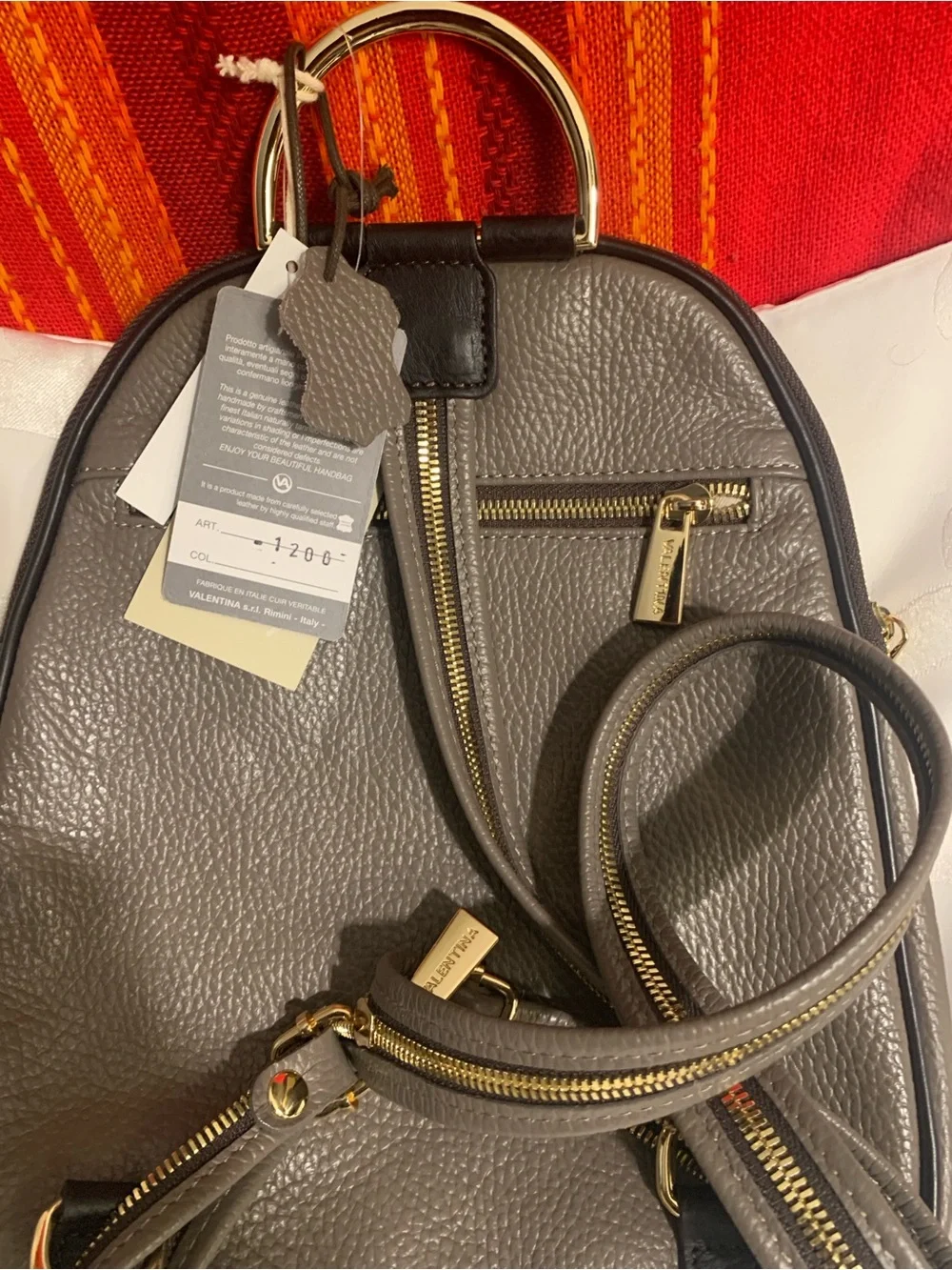 New Valentina Taupe Pebbled Leather Mini Backpack with Gold Hardware